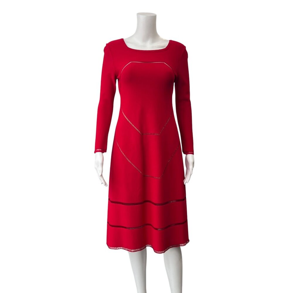 $3700 Alaia Red LS Mesh Stripe Shift Boat Neck Dress size FR 38/6